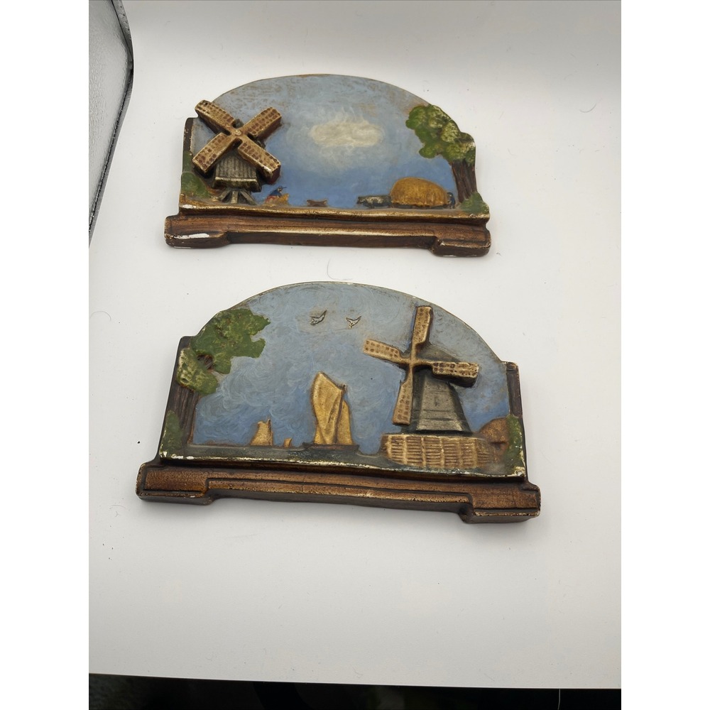 Set Of 2 Vintage Chalkware Wall Art‎ Handpainted Windmill Sculpture Pictures